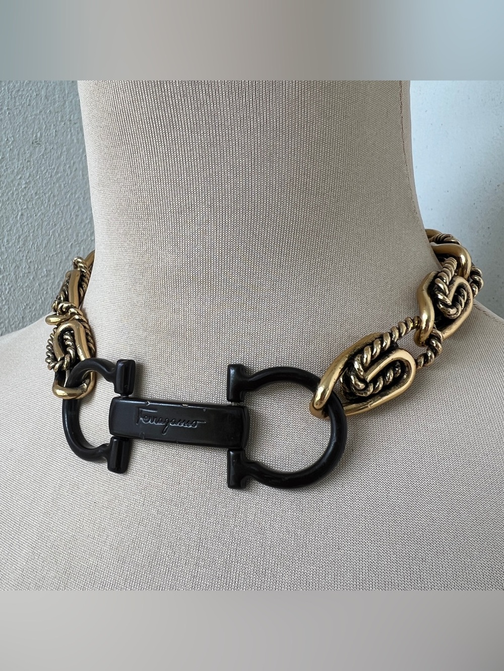 Custom Ferragamo Vintage Brass Horsebit & Rope Chain Link Choker Necklace 15-16”